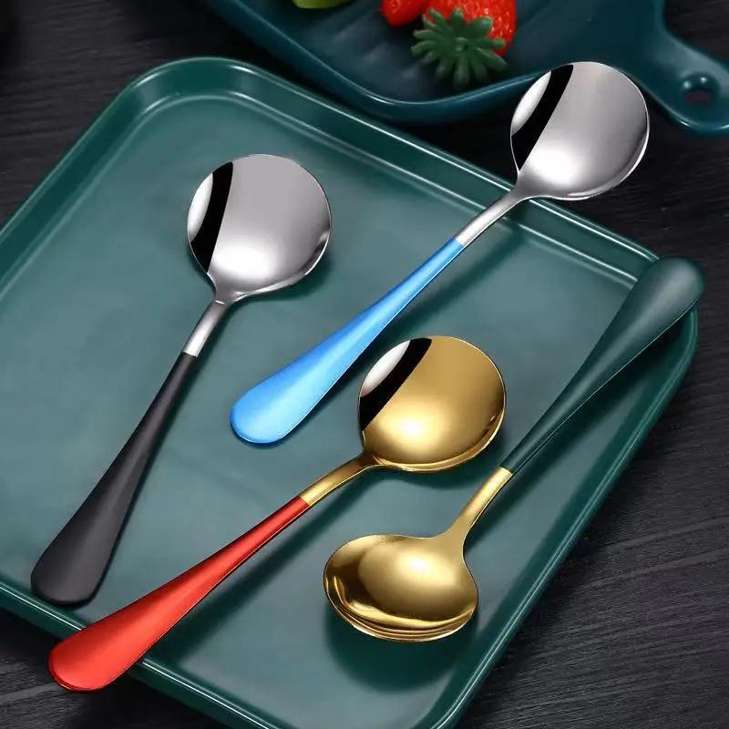 17cm Stainless Steel Round Spoon Cute Dessert Spoon Coffee Children's Golden Silver Spoon Dessert Spoons Kitchen Soup