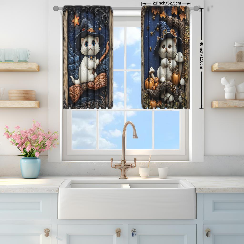 2pcs Cute Cat Witch Broom Pumpkin Printed Curtain for Home Decor - Rod Pocket Window Treatment for Halloween