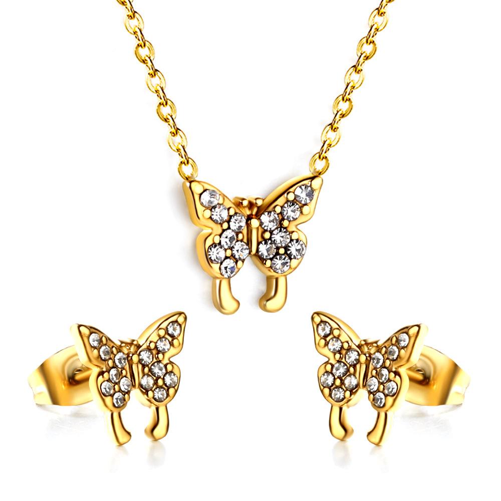 Fashion Versatile Sticky Diamond Jewelry Small Fresh Crown Heart Pendant Necklace Small Earrings Stainless Steel Jewelry Set Women