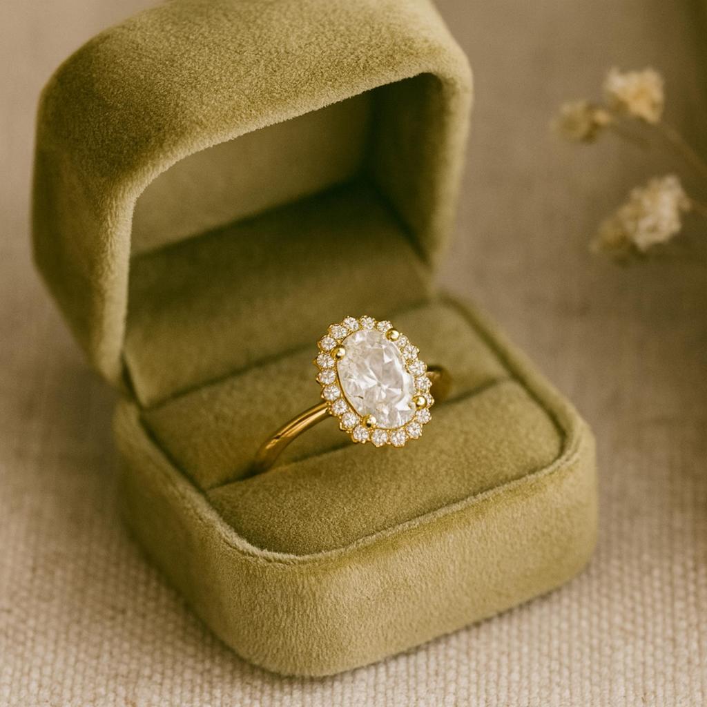 Oval Cut Cubic Zirconia Halo Ring for Women | Gold Plated 925 Sterling Silver Engagement Ring | Wedding, Promise, Anniversary Gift