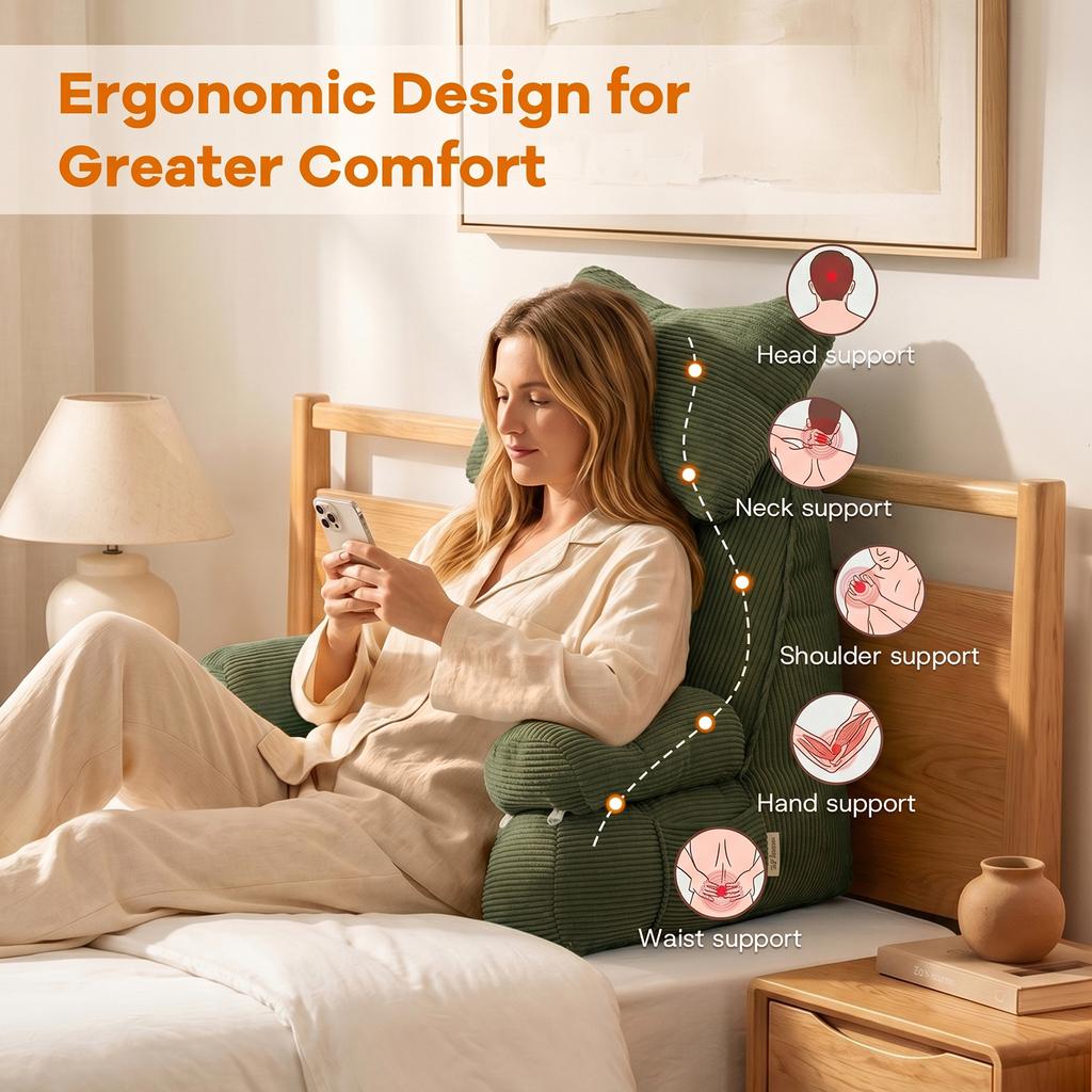 Reading Pillow for Sitting in Bed with Armrests and Pockets