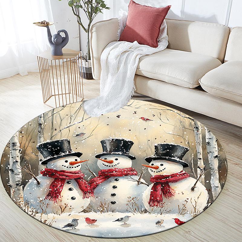 Forest Snowman Round Area Rug,Carpet Rug for Living Room Bedroom Sofa Playroom Decor,Non-slip Floor Mat