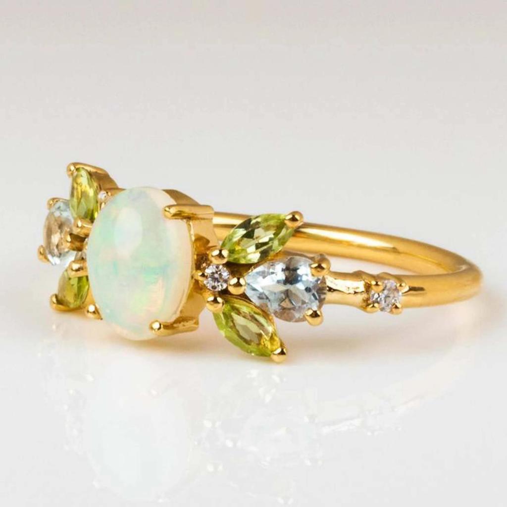 Oval Opal Gemstone Ring – Nature Inspired Gold Plated Ring with Peridot & Aquamarine Accents, Boho Vintage Engagement Jewelry Gift for Women