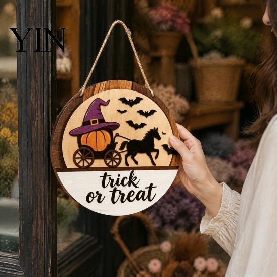 Halloween Door Sign Layered Round Hanger, 3D Pumpkin Ghost Owl Wood Welcome Sign, Handmade Farmhouse Front Wall Hanging Decor for Home Store