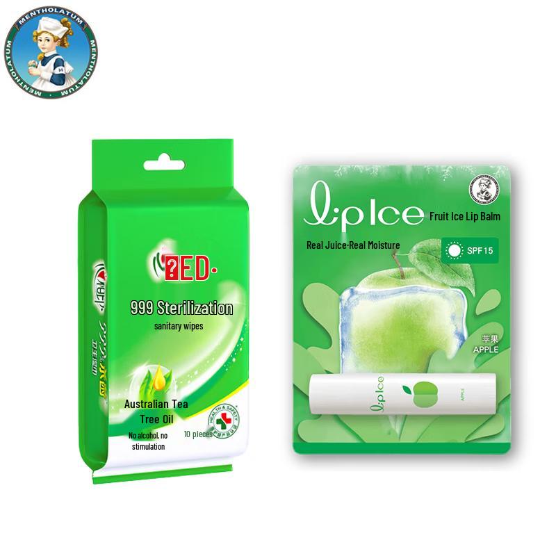 Mentholatum Fruit Ice Lip Balm Apple Flavor + Hearttex Wet Wipes