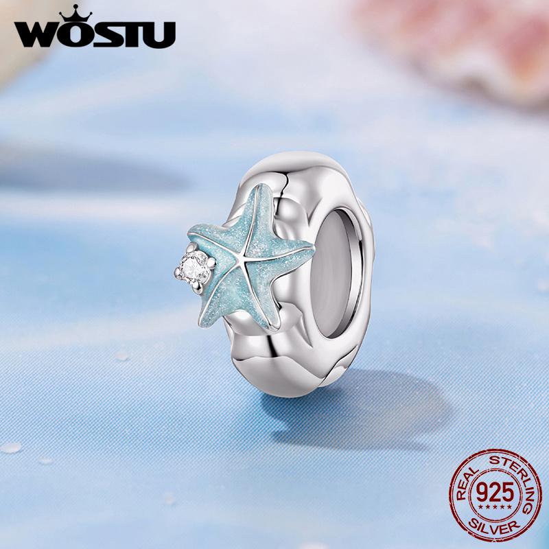 WOSTU 925 Sterling Silver Ocean Charms Starfish Shell Bucket Dolphin Surfboard DIY Beads for Original Bracelet Jewelry Making