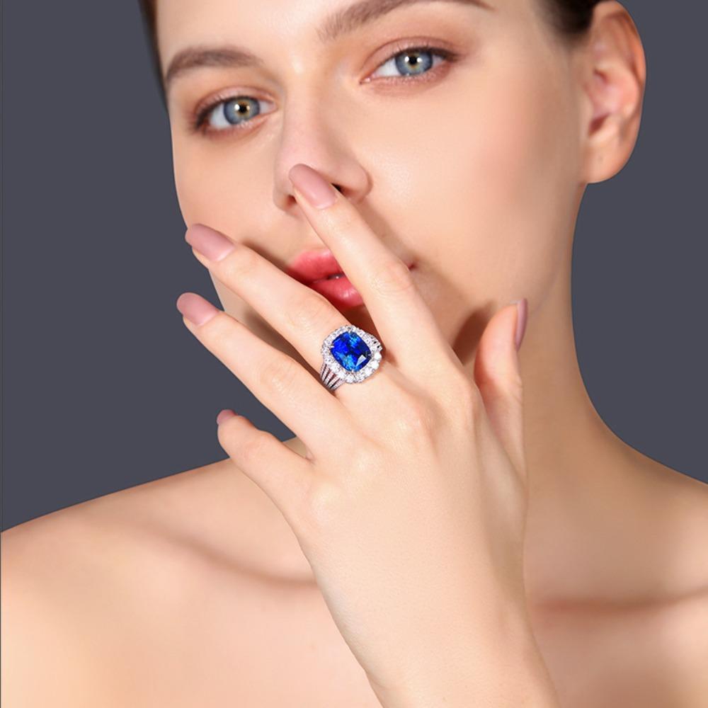 Open Ring 5ct Lab Created Royal Blue Sapphire 18K Gold Plated Women Adjustable Ring with Fake Zircon