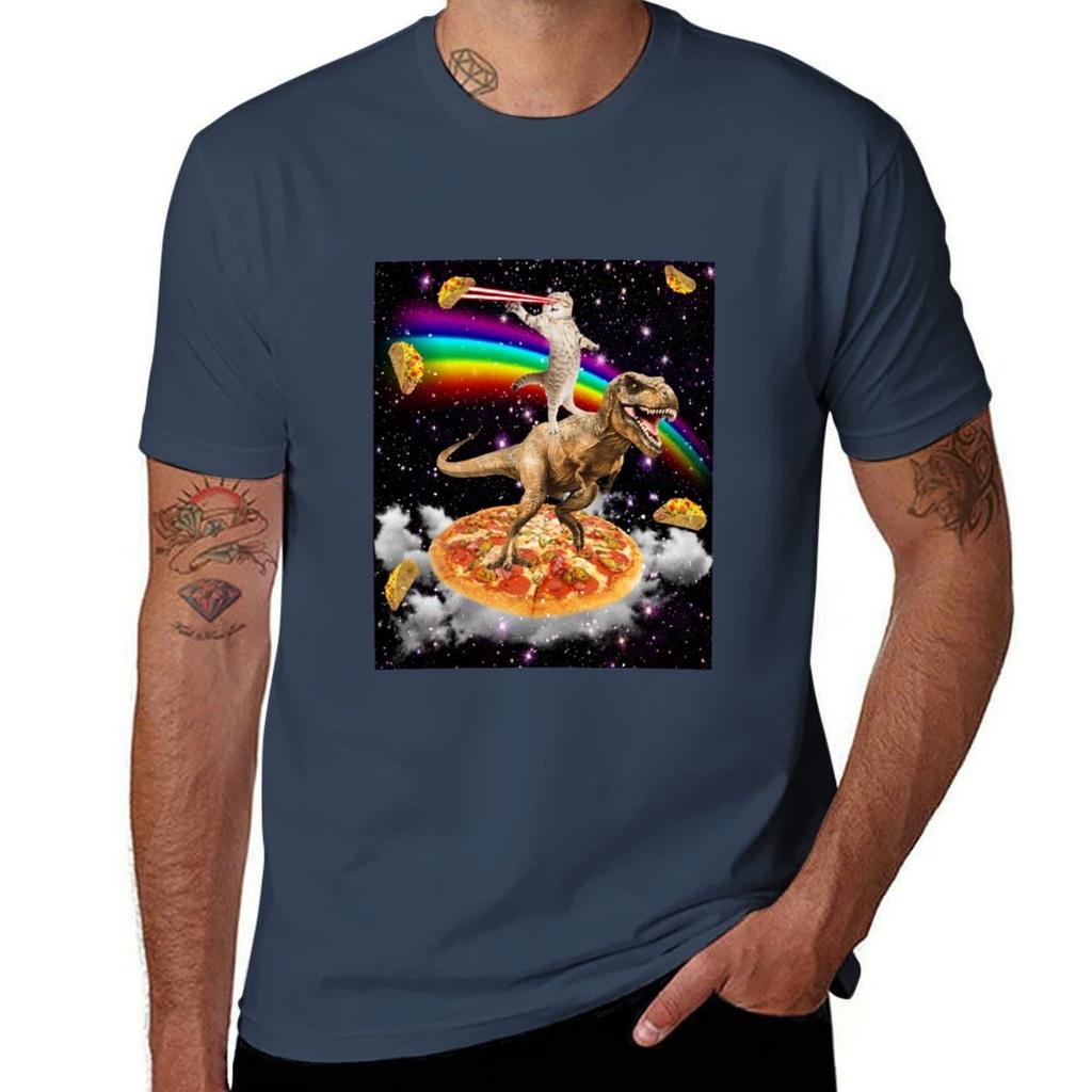 Galaxy Laser Eye Cat On Dinosaur On Pizza With Tacos Rainbow Tshirt Big And Tall Loose Fit Tshirt