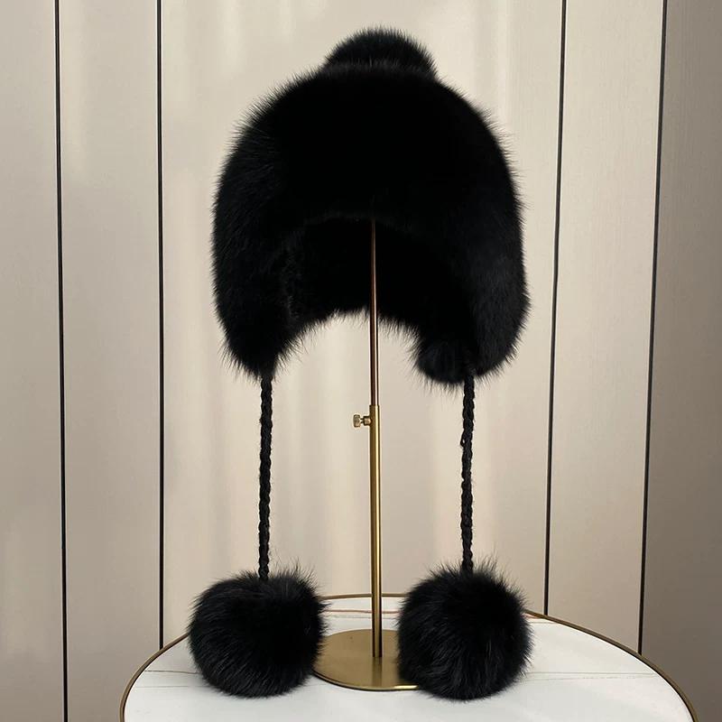 New Winter Warm Mink Hair Woven Fox Hair Ear Protection Fur Hat Female Cute Real Hair Ball Snow Hat