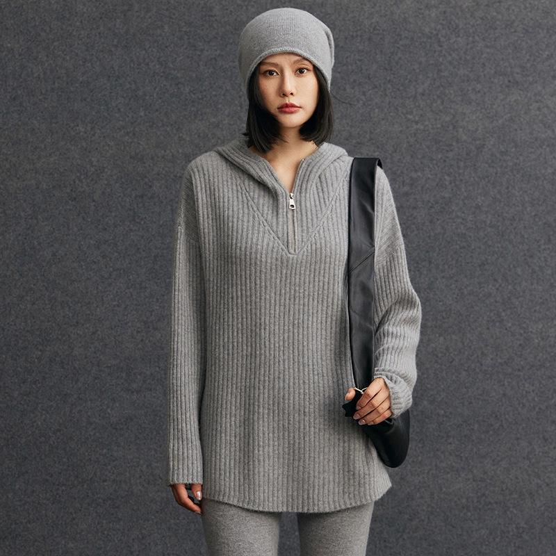 Women's Thickened Knit Cashmere Half-Zip Hoodie – Long Sleeve, Trendy Autumn/Winter Style