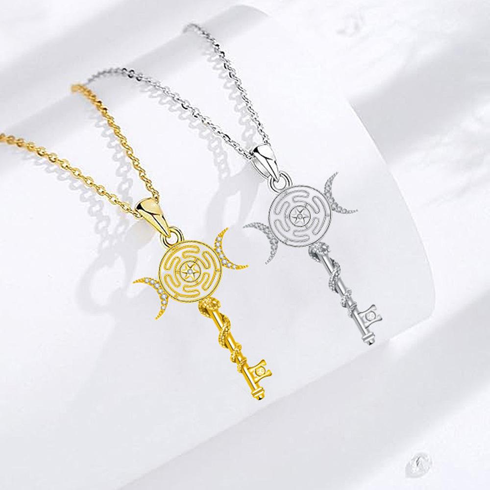 Original Hexen Hekate Rad Anhänger Halskette Thai Silber Schlange Schlüssel Dreifache Mondgöttin Kette Halsketten Wicca Magie Schmuck
