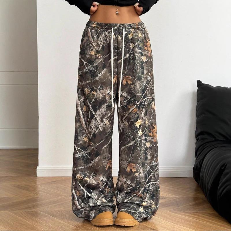 Women s Lace-up Trousers, Fashion Casual Stretch Waist, Printed Wide-leg Sweatpants S