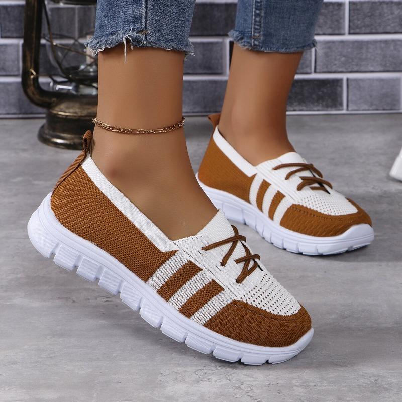 Breathable Knitting Flats Shoes for Women  Autumn Striped Casual Sneakers Woman Comfortable Soft Sole Non Slip Walking Shoes