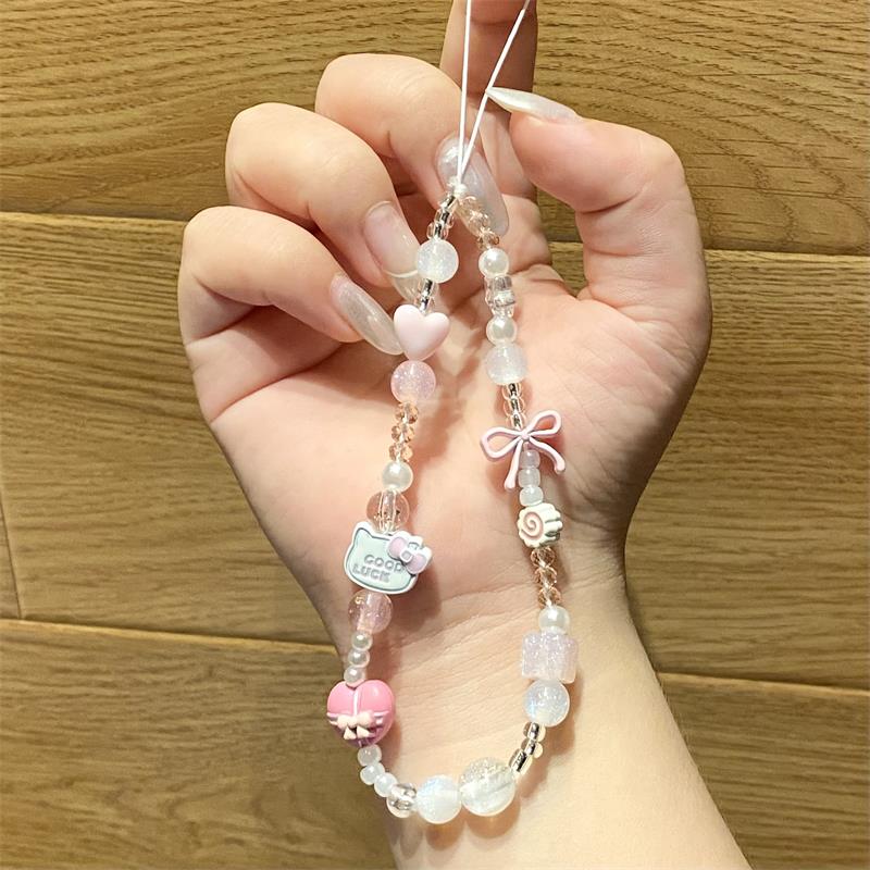 Cute Sanrio Hello Kitty Bow Beaded Keychain Pendant Girly Phone Chain Lanyard Kt Charm Bag Hanging Ornaments Anti-Lost Rope Gift