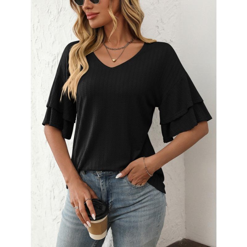 Women's Spring and Summer New Solid Color V-neck Lotus Leaf Sleeve Short-sleeved T-shirt Tops for Women