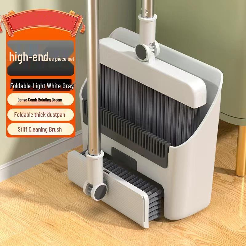 3-in-1 Folding Broom Set: Soft Bristle Broom, Dustpan, and Floor Brush for Bathroom Cleaning