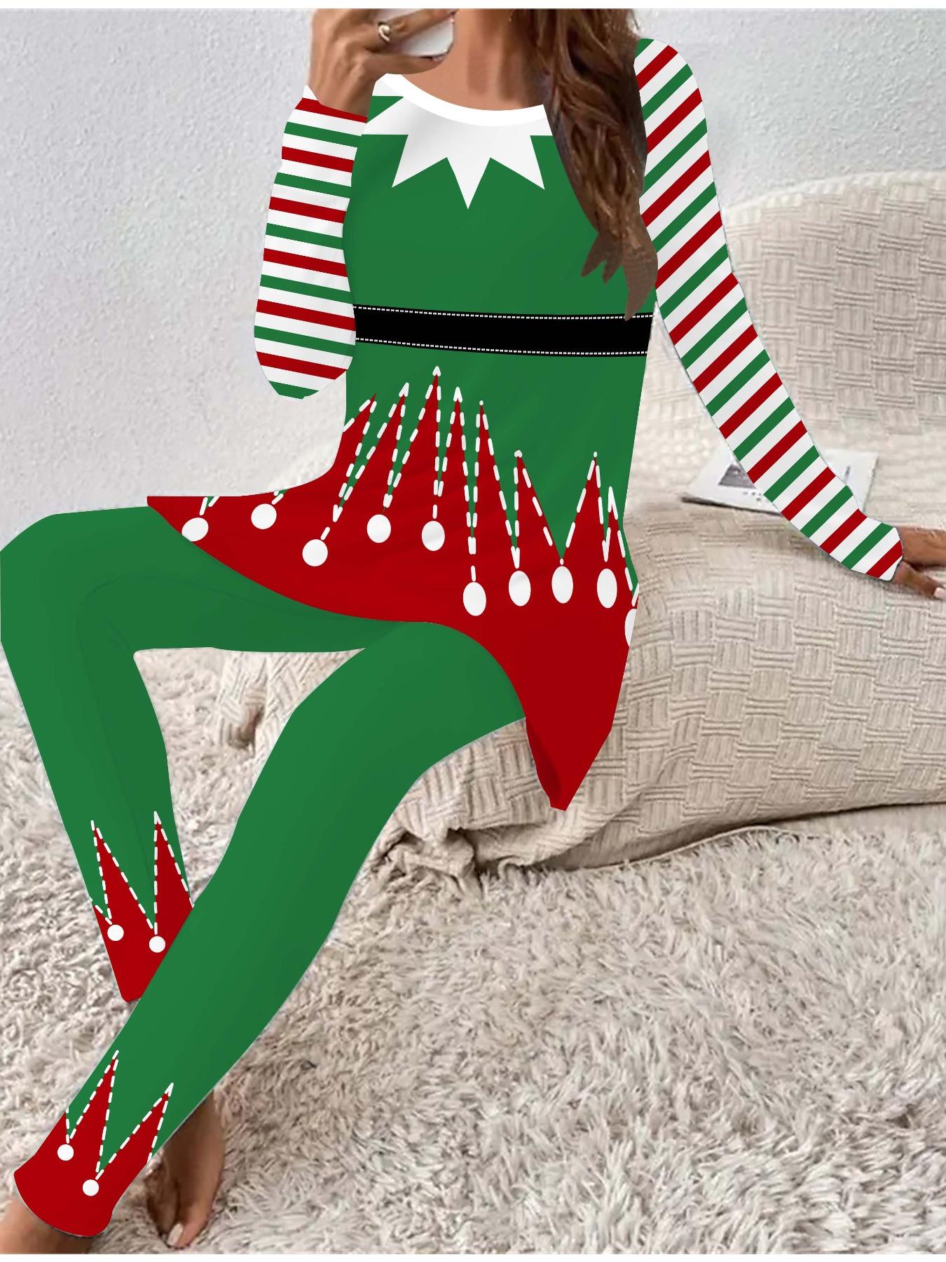 

Євро-американська мода 3D Різдвяний принт Жіночий Чотирисезонний Комплект з двох предметів: Футболка з довгим рукавом + Довгі штани. Ідеальний подарунок на Новий рік та Різдво 8XL зелений
