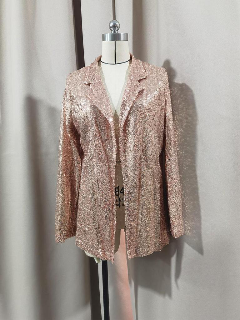 Women's Sequin Lapel Cardigan Blazer - Solid Color, Long Sleeve, Casual