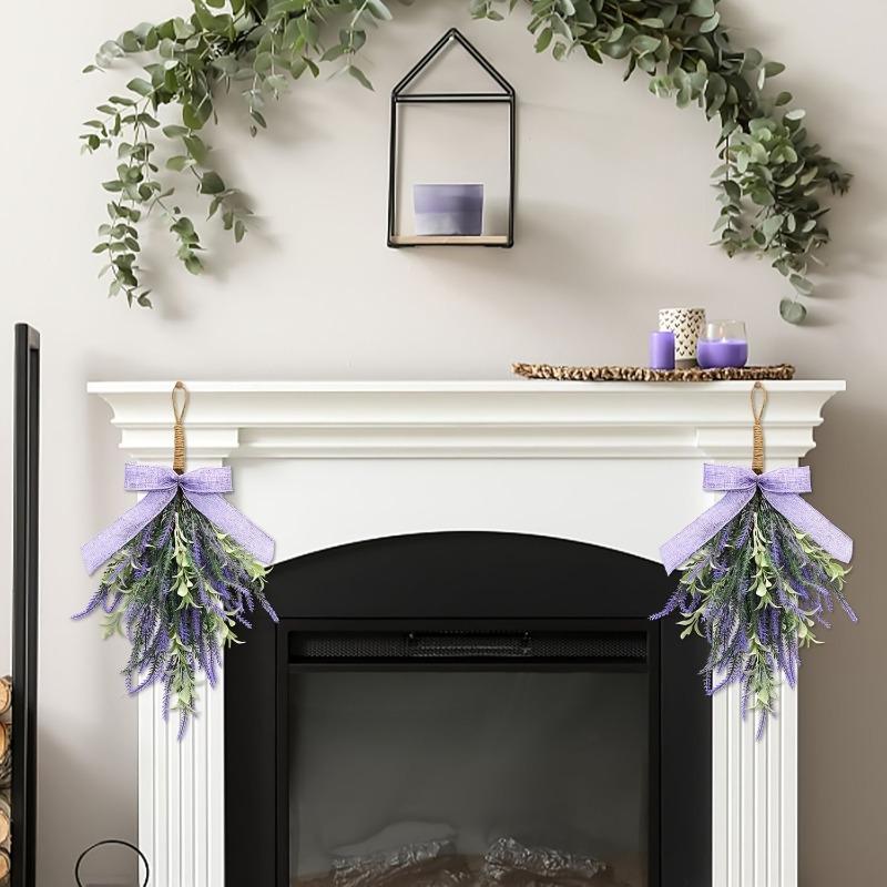 Simulated Artificial Lavender Bow Wall-mounted Purple Home Door Hanging with Green Plant Decoration On The Door Header
