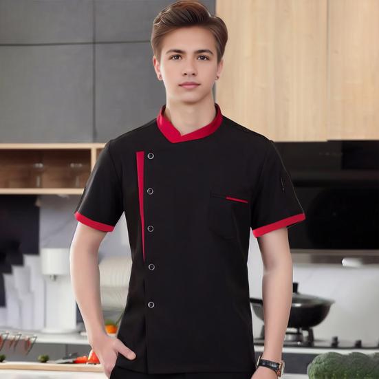 Unisex Chef Shirt Soft Breathable Stand Collar Single-breasted Short Sleeves Chest Pockets Restaurant Diner Kitchen Cook Top