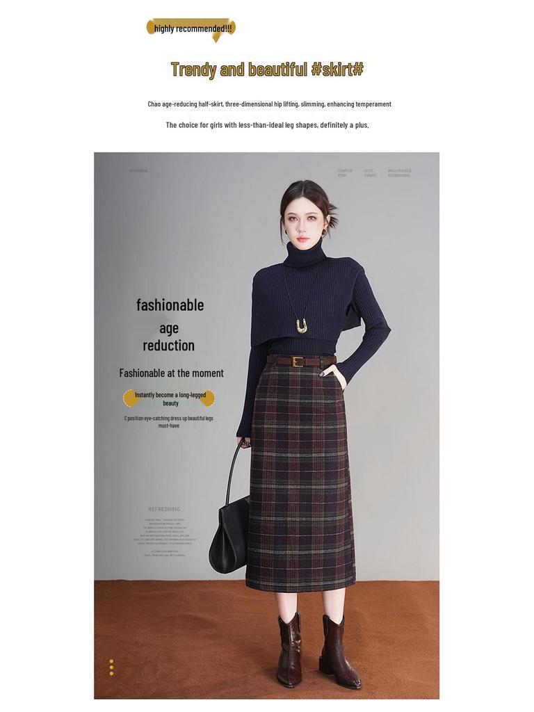 Plaid Wool Blend Split Pencil Skirt - 2025 Winter Mid-Length Vintage Style