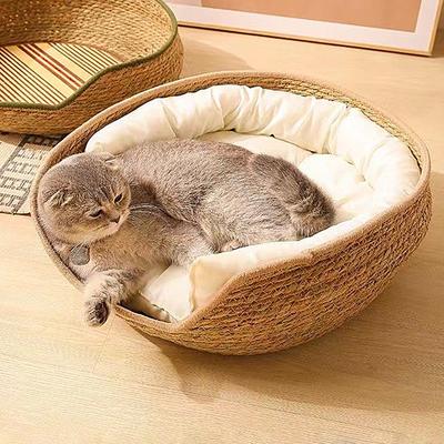 Natural Cat Bed Straw Nest Woven Pet House Handmade Braided Cattail Leaf with Soft Cushion