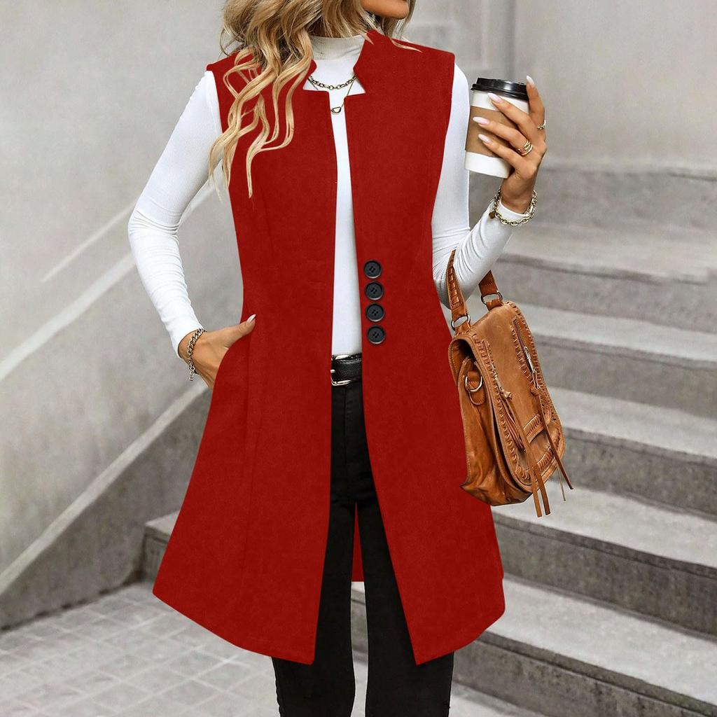 Women's Fashionable Casual Lapel Buttoned Waistcoat Sleeveless Solid-Colour Jacket