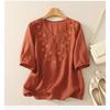 Women's White Linen Blouse Half Sleeve V-Neck Embroidered Floral Casual Top