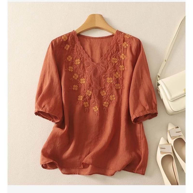 Women's White Linen Blouse Half Sleeve V-Neck Embroidered Floral Casual Top