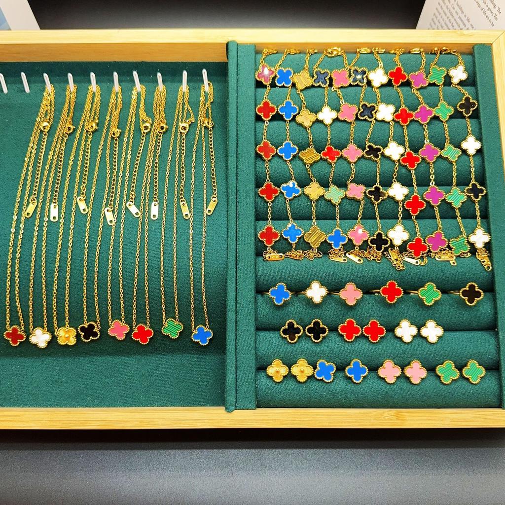 Double Sided Titanium Steel Clover Bracelet Necklace Ring Earrings Women's Non Fading Set Jewelry