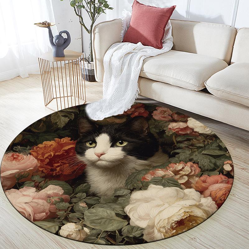 

Flower Cat,Round Area Rug,Carpet Rug for Living Room Bedroom Sofa Playroom Decor,Non-slip Floor Mat 80cmx80cm