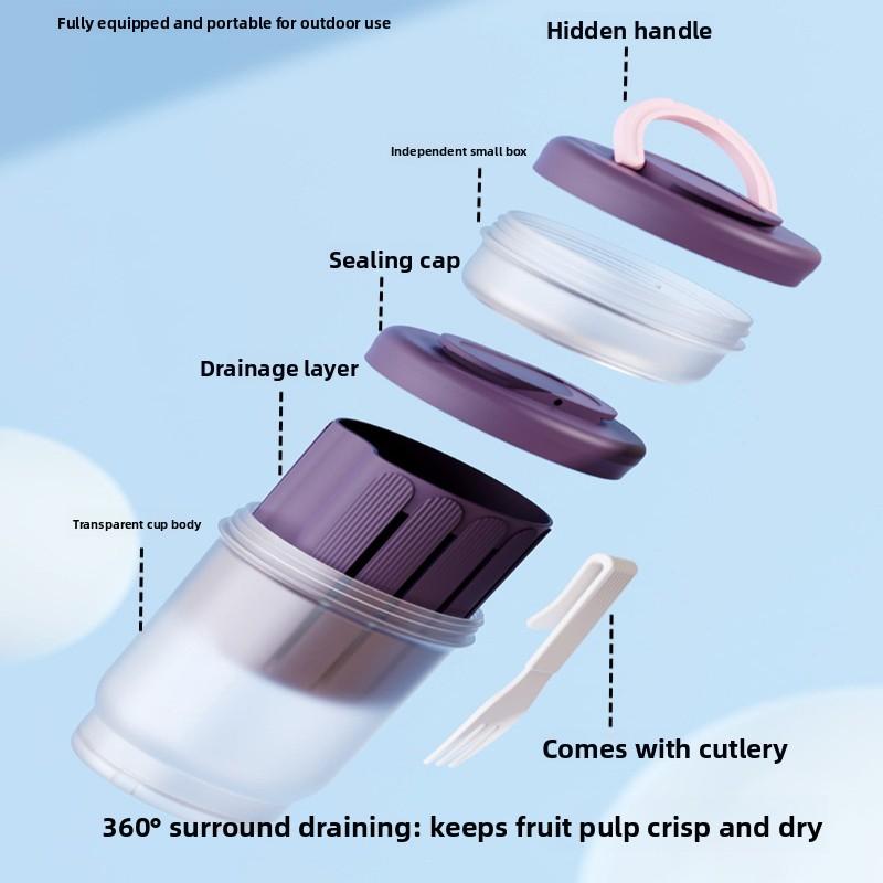 INS Round Plastic Salad Cup, Portable Double-layer with Fork, Multifunctional Breakfast Cup, Microwaveable, Takeaway Fruit Cup