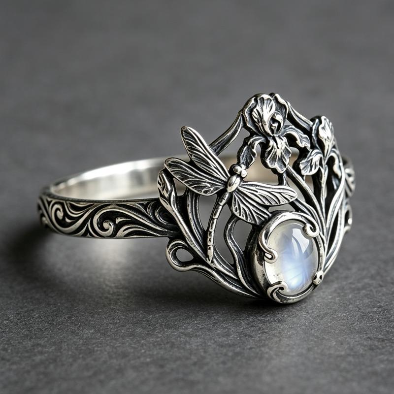New Inlaid Opal Ring, Ancient Silver Dragonfly Shape, Retro Jewelry, Daily Accessories.