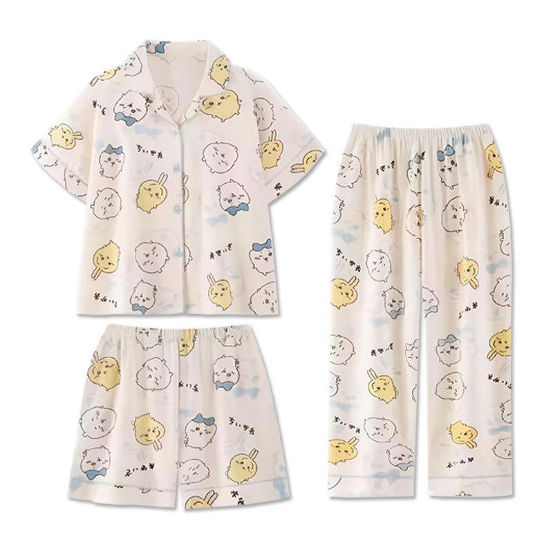 Chiikawa Pajamas Three-piece Set Summer Women's Short-sleeved Trousers Cute Usaki Small Eight Loungewear Spring and Autumn