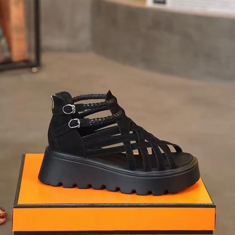 Fashion Thick Sandals Summer New Round Toe Cross Round Toe Shallow Mouth Open Toe Rear Zipper Non-Slip Kitten Heels