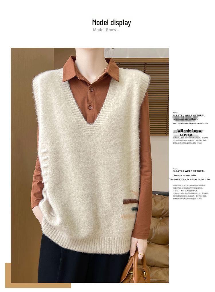 Pure Wool V-Neck Knit Vest - Versatile, Solid Color, Loose Fit, Sleeveless Pullover Cardigan