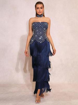 Elegant Strapless Rhinestone Tassel Bodycon Long Dress - Women's Party Gown