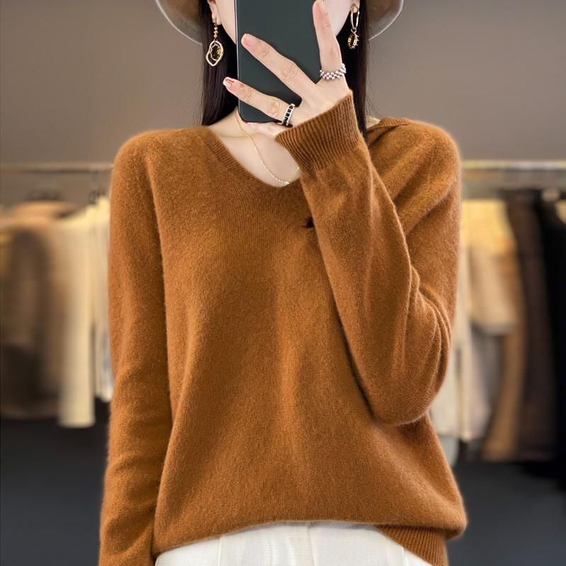 Women's Fall/Winter V-Neck Hooded Pullover Sweatshirt Cropped Knit Sweater