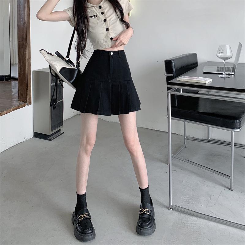 High-Waist Black Pleated A-Line Skirt for Women, Summer 2024 - Anti-Exposure & Slimming Design