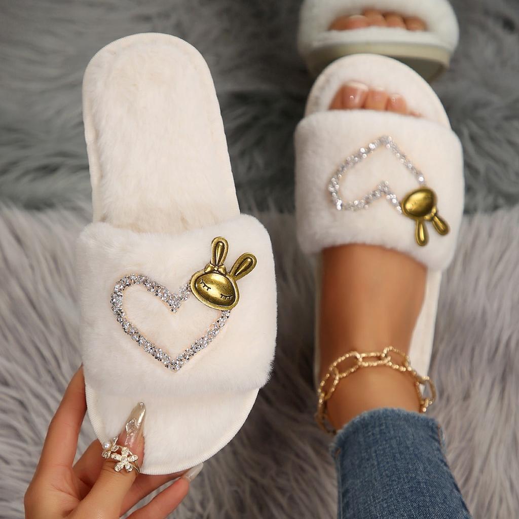 Warme Pelzige Hausschuhe Damen Dicke Flauschige Pelzhausschuhe Herz Hase Winter Haus Badeschuhe Home Slides Flache Indoor Boden Schuhe