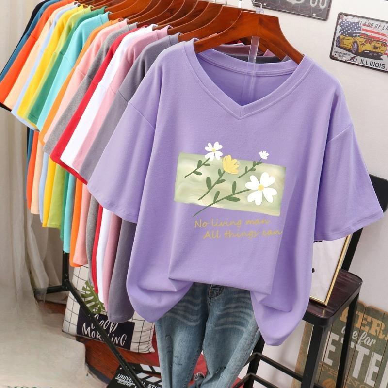 Short-sleeved T-shirt for Women, Large Size, Loose and Slimming, Printed V-neck Top