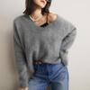 Women's High-End French V-Neck Sweater – Soft, Long-Sleeved, Solid Color Knitwear for Autumn & Winter, Loose Fit, Trendy Style.