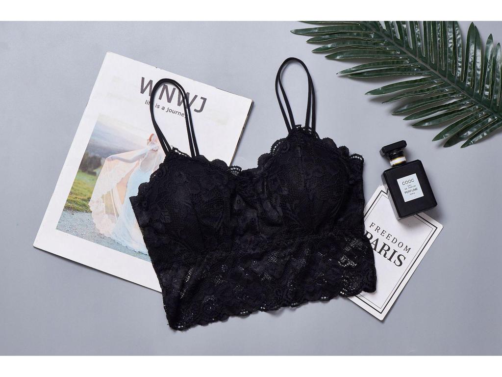 Damski koronkowy biustonosz bandeau plus size z wkładkami i ramiączkami spaghetti - Bezramiączkowa koszulka camisole na piękne plecy