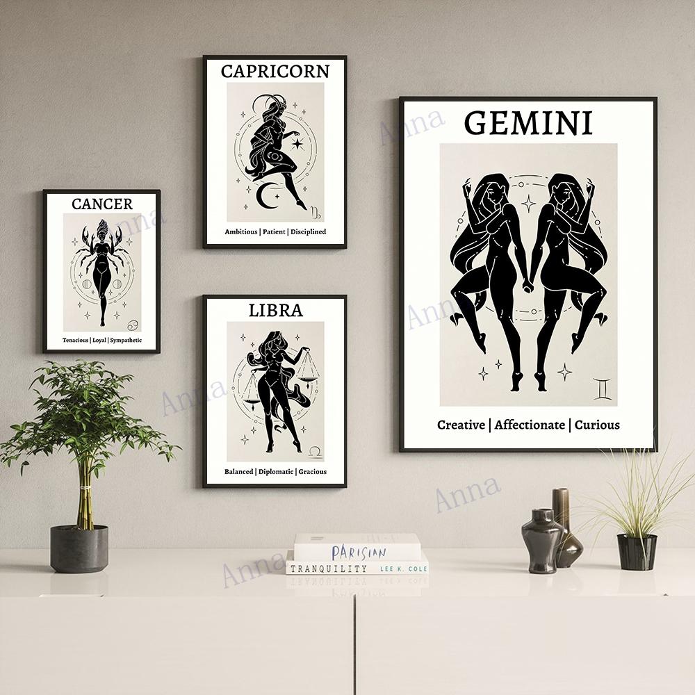 Retro 12 Zodiac Posters Capricorn Gemini Cancer Leo Libra Sagittarius Constellation Canvas Painting Wall Art Pictures Home Decor