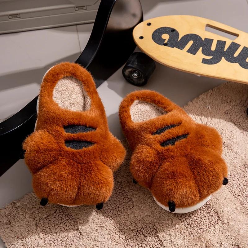 Cute Cartoon Fluffy Slippers for Women Men Winter Warm Soft Plush Big Paw Anti-slip Couples Indoor Home Non-slip Warm Slippers