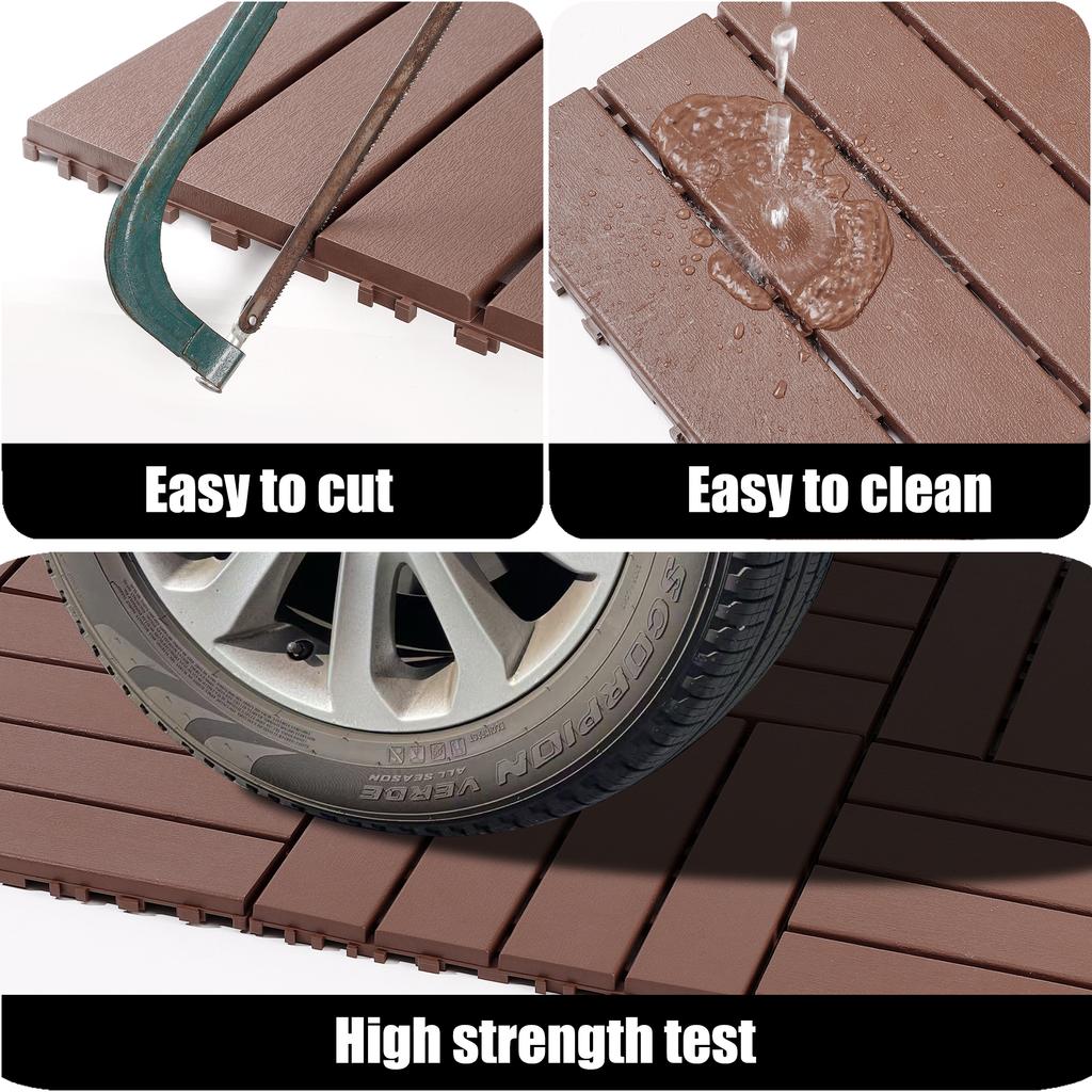 Plastic Interlocking Deck Tiles,44Pack,12"x12" Square Waterproof Outdoor All Weather Use, Outdoor and Indoor, for Poolside Balcony Backyard, Brown