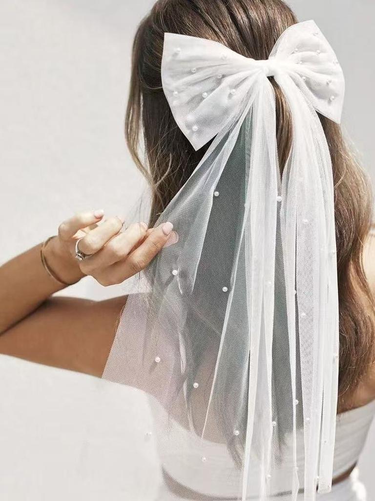 1 Stück weißes Netz Imitationsperlen Streamer Schleife Haarnadel, retro schlichtes Temperament Braut Hochzeit Schleier süße Brautjungfern Haarnadel