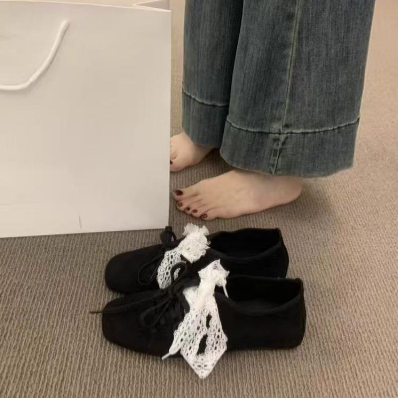 

Fashion Women s Flat Shoes Spring New Square Head Shallow Mouth Suede Front Lacing Soft Sole Anti-slip Wear-resistant Single Shoes 40 чёрный