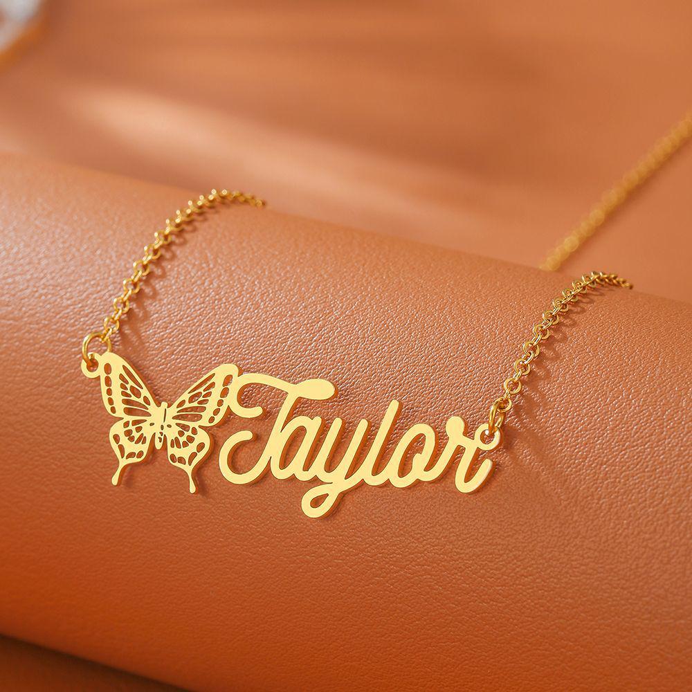 18K Gold Plated Stainless Steel Name Necklace with Butterfly Pendant