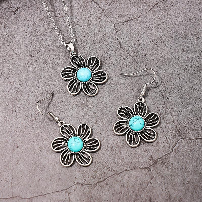 Meier Two-piece set: distressed metal filigree floral turquoise necklace and earrings for women